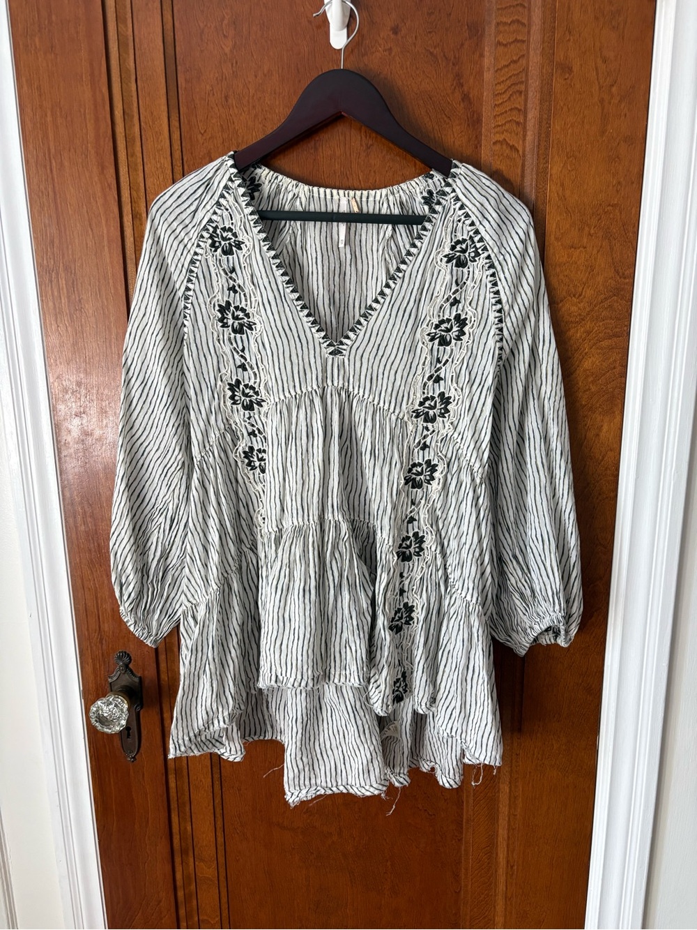 Free People Striped V-Neck Embroidered Tunic - XS